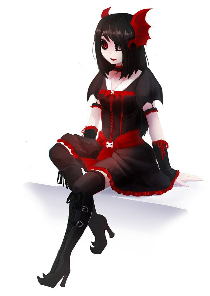 1girl, black_hair, black_sclera, boots, breasts, colored_sclera, colored_skin, female_focus, goth_fashion, gothic_lolita, grey_eyes, heterochromia, high_heel_boots, high_heels, kneehighs, lolita_fashion, nocturne_krumenker, nocturne_krumenker(nocxturne), original, red_eyes, sitting, skull, small_breasts, socks, solo, suspenders, thigh_boots, thighhighs, white_skin, wings