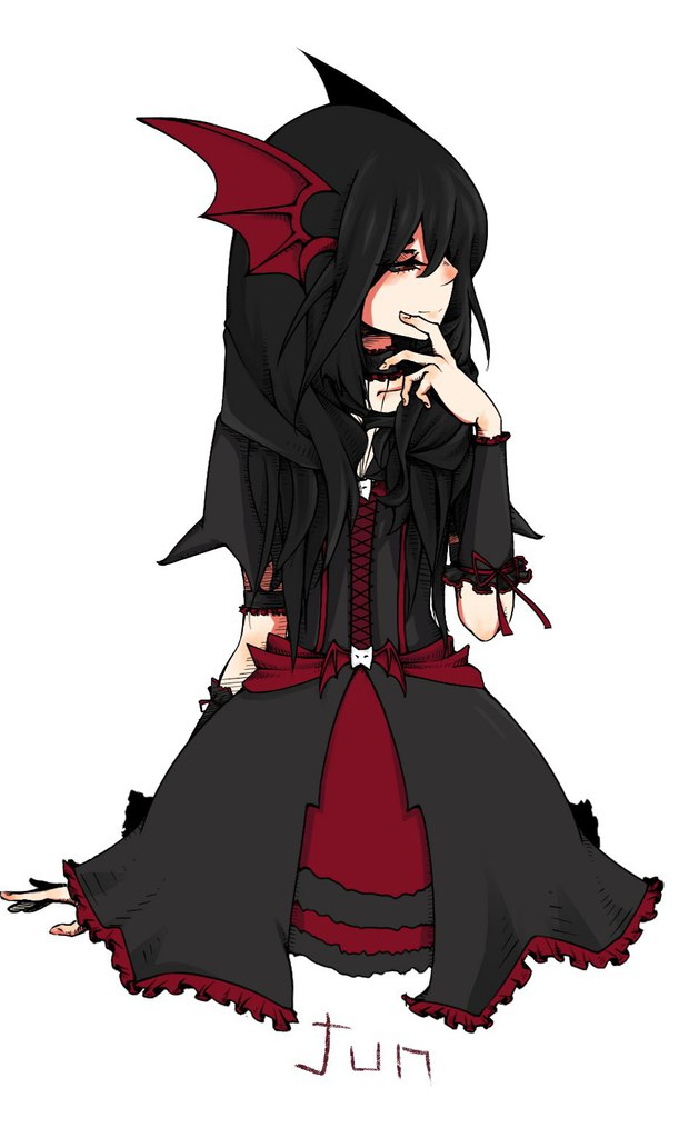 1girl, bat_(animal), battle, black_hair, breasts, colored_skin, corset, dark, female_focus, goth_fashion, gothic_lolita, grey_eyes, heterochromia, kneehighs, lolita_fashion, long_hair, night, nocturne_krumenker, nocturne_krumenker(nocxturne), original, red_eyes, skirt, skull, socks, solo, suspenders, thighhighs, white_skin, wings