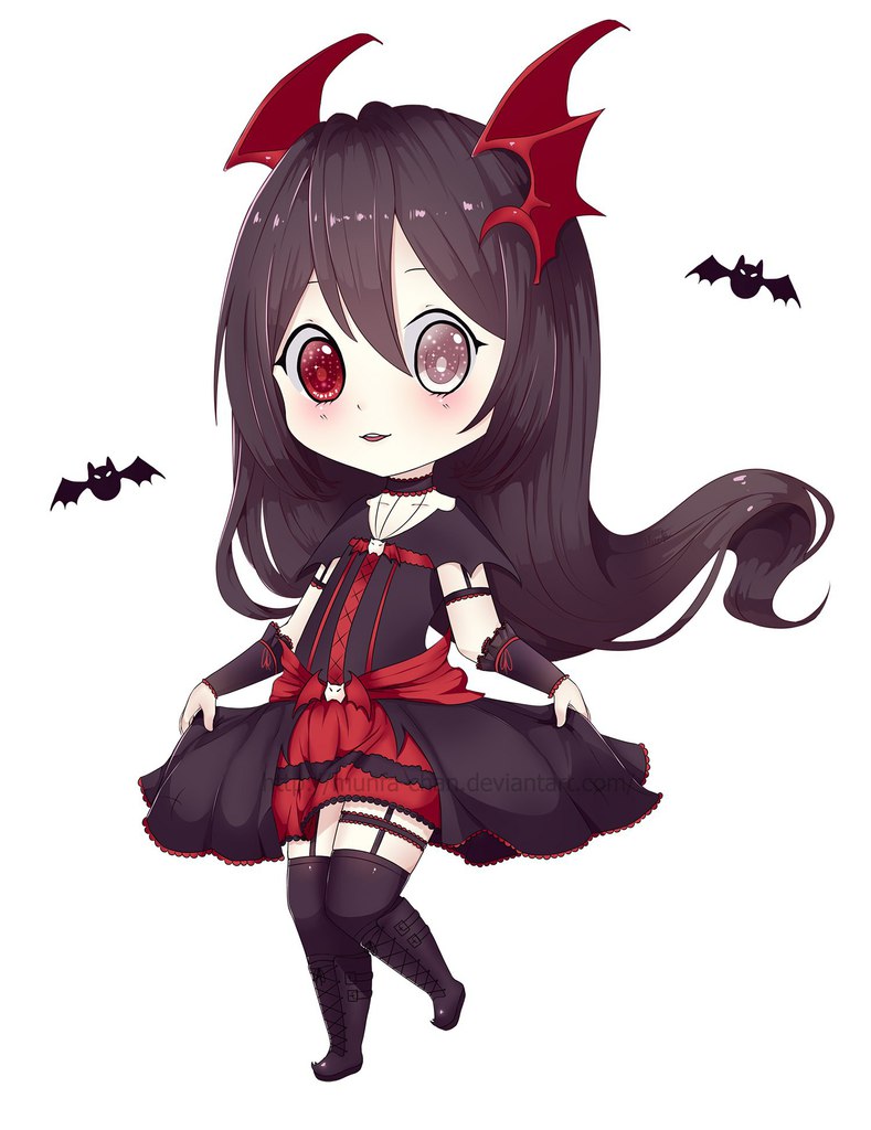 1girl, battle, black_hair, boots, chibi, colored_skin, female_focus, gothic_lolita