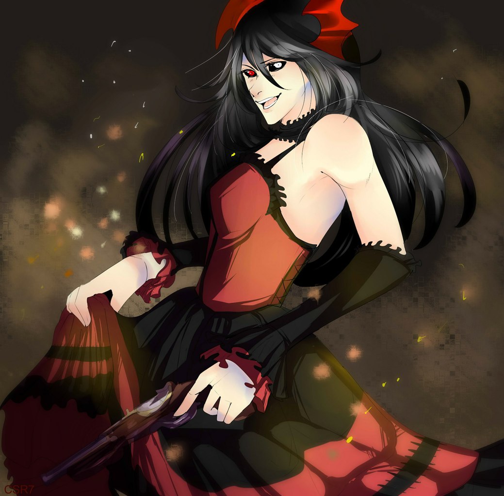 10s, battle, colored_skin, crossover, date_a_live, dress, gothic_lolita, grey_eyes