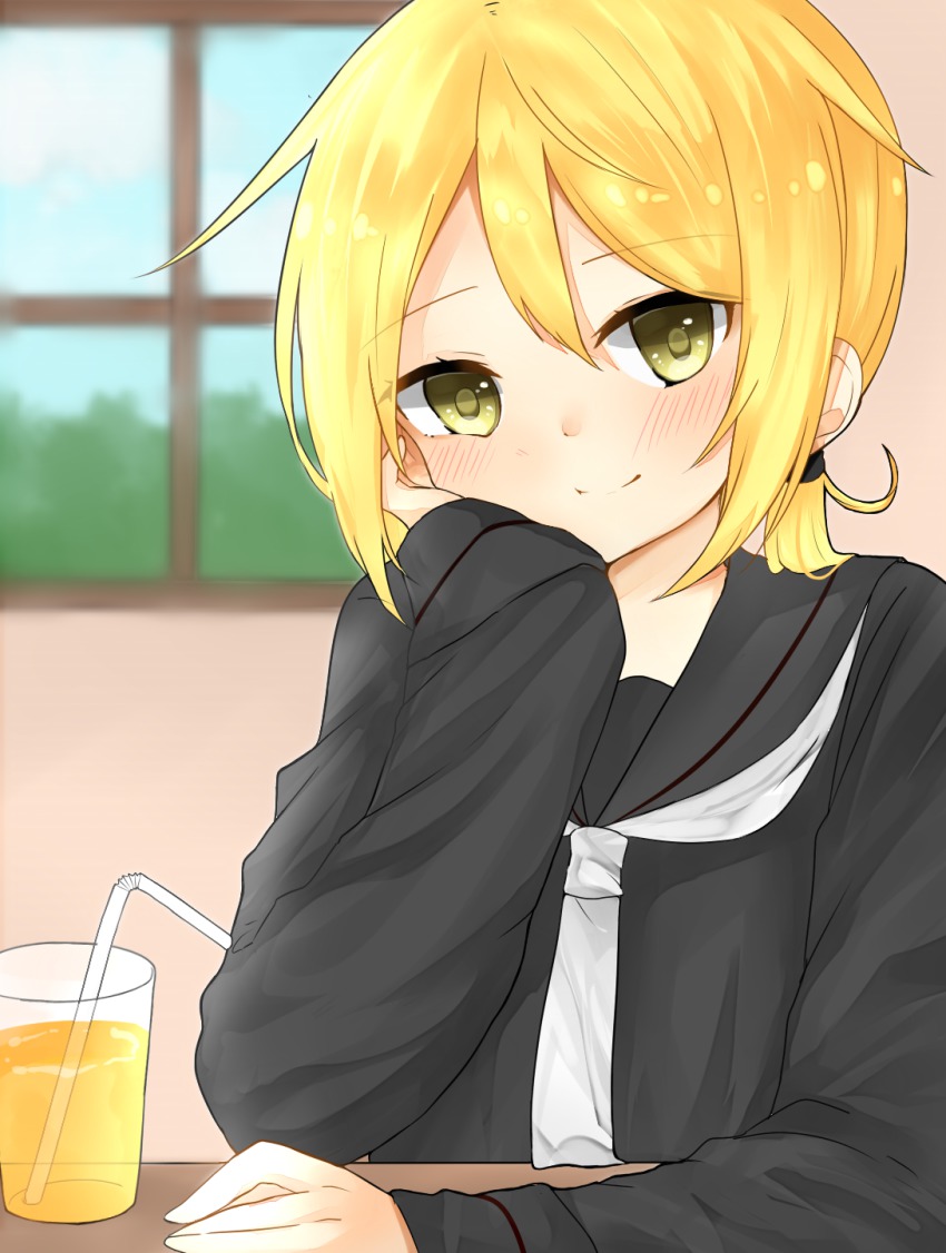 10s, 1girl, bad_id, bad_twitter_id, black_serafuku, blonde_hair, closed_mouth, commentary_request