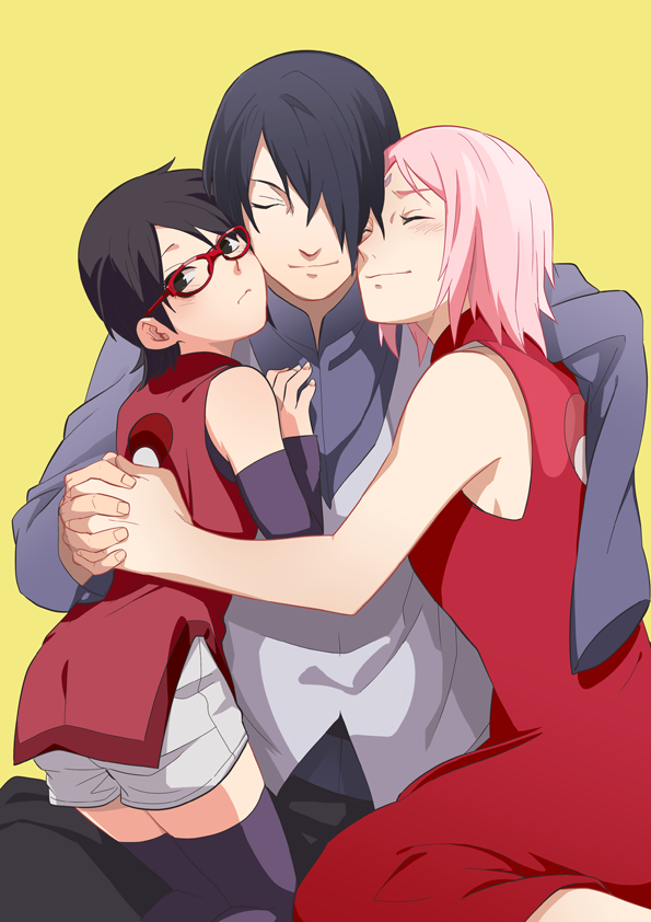 1boy, 2girls, amputee, black_hair, family, glasses, group_hug, haruno_sakura, holding_hands, hug, multiple_girls, naruto_(classic), naruto_(series), naruto_gaiden, pink_hair, shorts, smile, thighhighs, tosyoen, uchiha_sarada, uchiha_sasuke