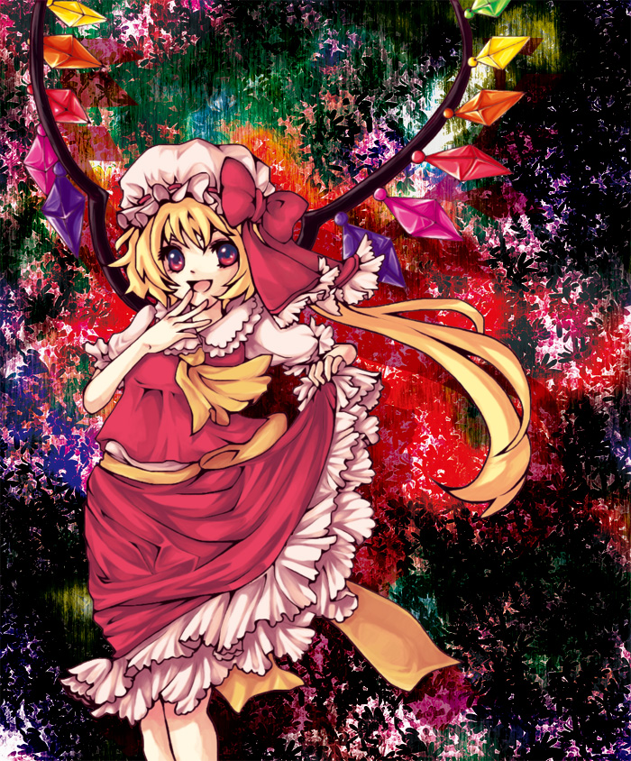 1girl, bad_id, bad_pixiv_id, blonde_hair, female_focus, flandre_scarlet, hat, mana_(pixiv187388), mob_cap, ponytail, ribbon, short_hair, solo, standing, touhou, wings