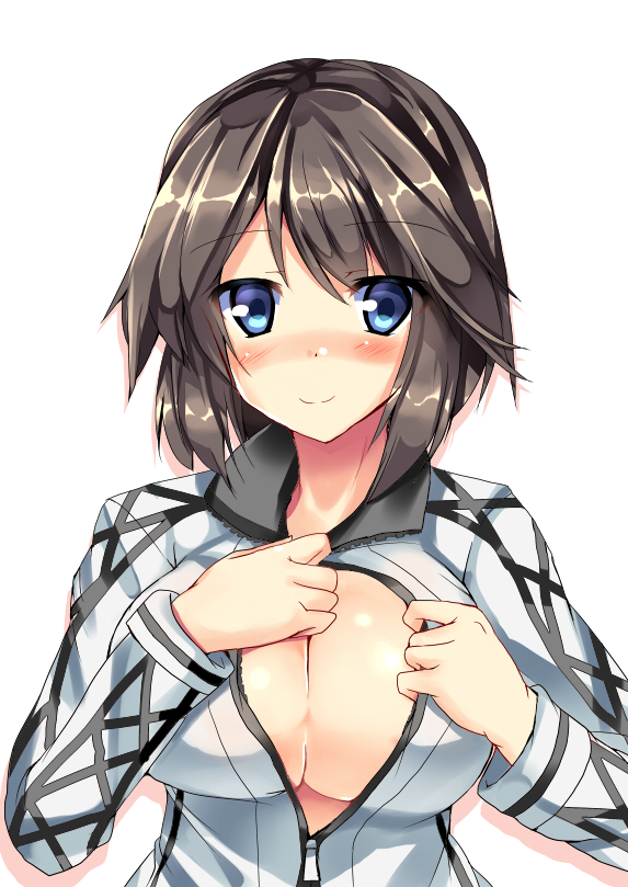 10s, 1girl, black_hair, blue_eyes, breasts, cleavage, female_focus, hayasui_(kancolle), jacket, kantai_collection, large_breasts, ryokushiki_(midori-ya), shadow, short_hair, simple_background, smile, solo, track_jacket, unzipped, white_background