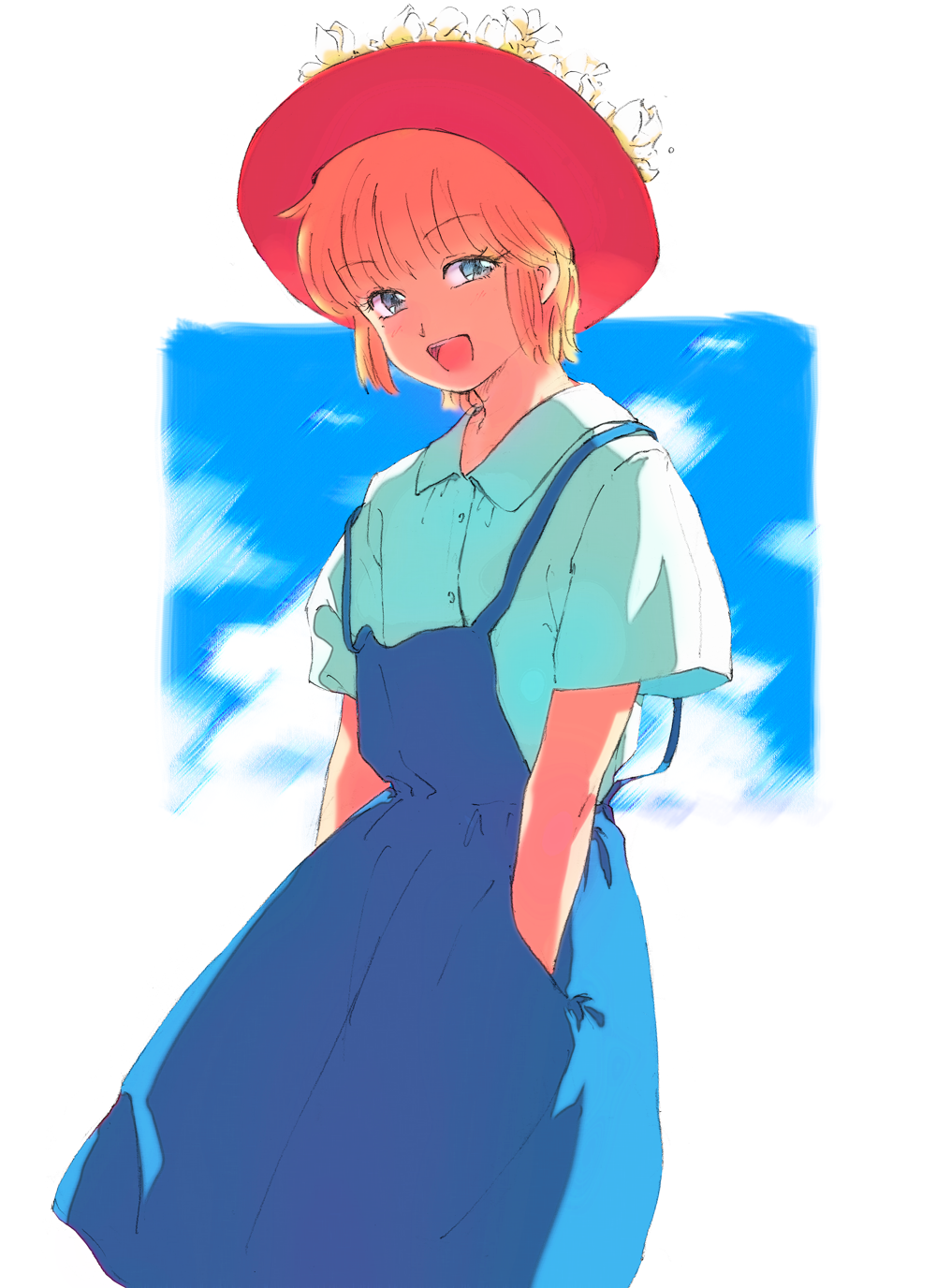 1girl, :d, bad_id, bad_pixiv_id, blonde_hair, blue_eyes, dress, female_focus