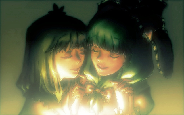 2girls, aki_shizuha, blonde_hair, blunt_bangs, closed_eyes, front_ponytail, glowing, green_hair