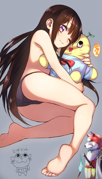 10s, 1girl, ass, bad_id, bad_pixiv_id, barefoot, bikini, brown_hair