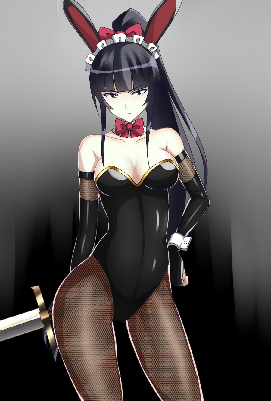 1girl, animal_ears, bare_shoulders, black_eyes, black_hair, blunt_bangs, bow, breasts, cleavage, contrapposto, cowboy_shot, detached_collar, elbow_gloves, fake_animal_ears, female_focus, fishnet_pantyhose, fishnets, gloves, hair_bow, hand_on_own_hip, highres, long_hair, looking_at_viewer, maid_headdress, mole, mole_under_eye, narberal_gamma, overlord_(maruyama), pantyhose, playboy_bunny, ponytail, rabbit_ears, solo, standing, sword, weapon, wrist_cuffs, zetsuei_(zetto)