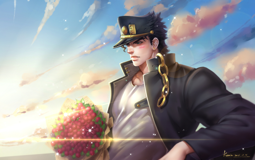 1boy, artist_name, black_hair, blue_eyes, blue_sky, blush, bouquet, chain