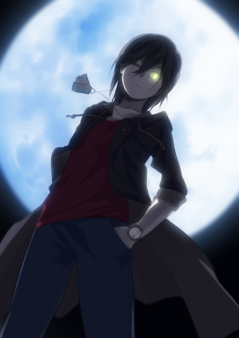 10s, 1boy, black_hair, charlotte_(anime), glowing, glowing_eye, highres, hood