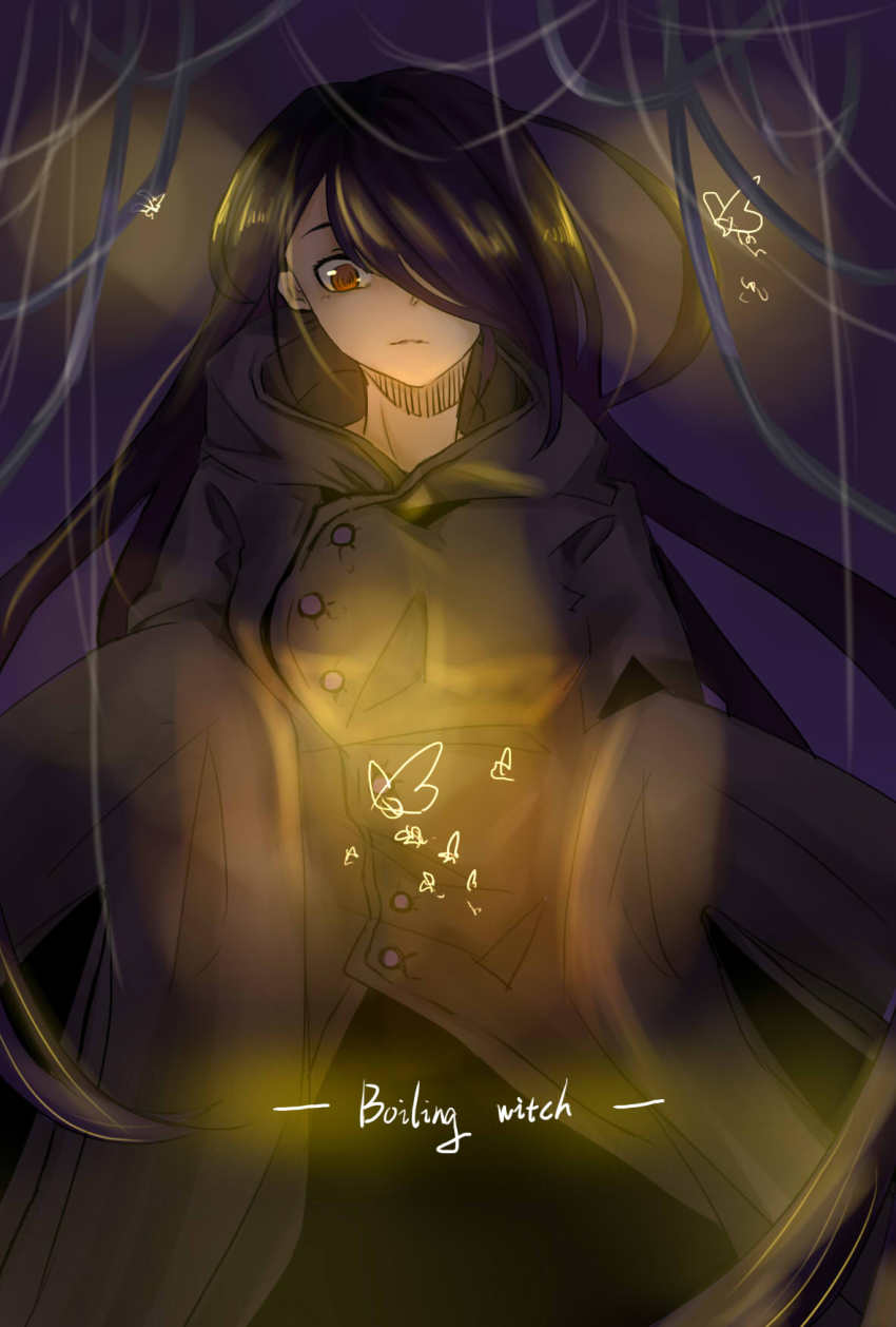 10s, 1girl, black_hair, english_text, hair_over_one_eye, highres, long_hair, orange_eyes