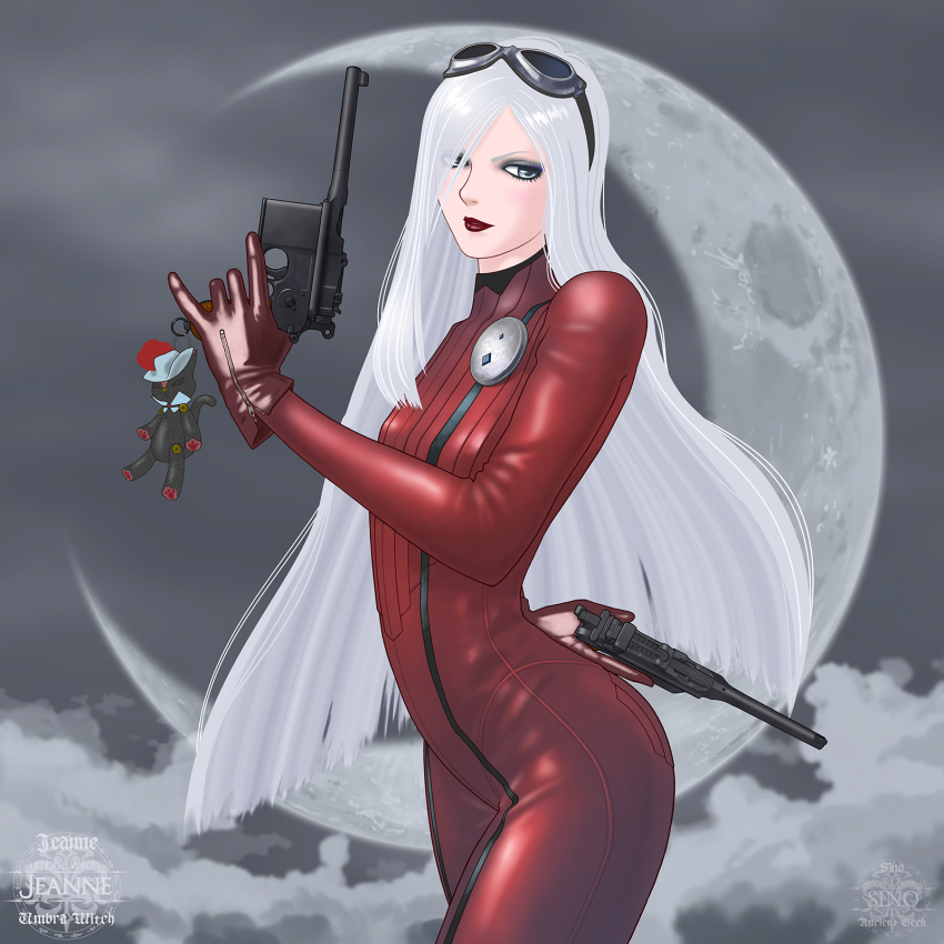 1girl, bayonetta, bayonetta_(series), bayonetta_2, blue_eyes, bodysuit, breasts, cat, character_name, gloves, goggles, goggles_on_head, gun, handgun, highres, holding, holding_gun, holding_weapon, jeanne_(bayonetta), leather, leather_gloves, lipstick, long_hair, makeup, mauser_c96, moon, pistol, semi-automatic_pistol, silver_hair, sino, small_breasts, very_long_hair, weapon