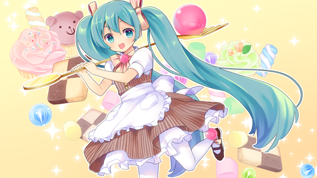 1girl, apron, blue_eyes, blue_hair, cupcake, female_focus, food, fork