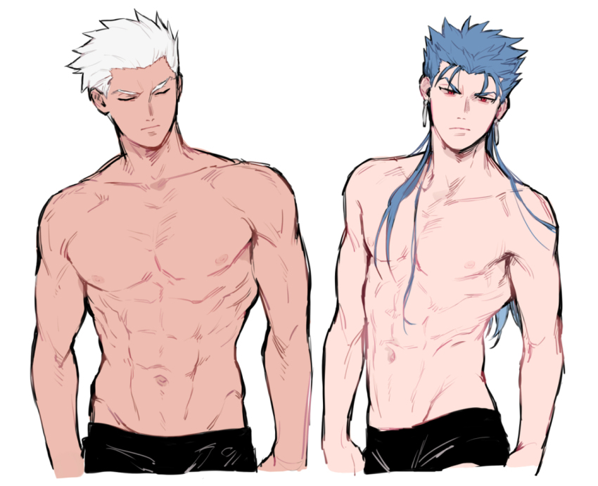 2boys, abs, archer_(fate), blue_hair, closed_eyes, cowboy_shot, cu_chulainn_(fate), dark_skin, fate/zero, fate_(series), long_hair, male_focus, multiple_boys, muscular, pectorals, red_eyes, sennin_(inoinox), simple_background, topless_male, white_background, white_hair