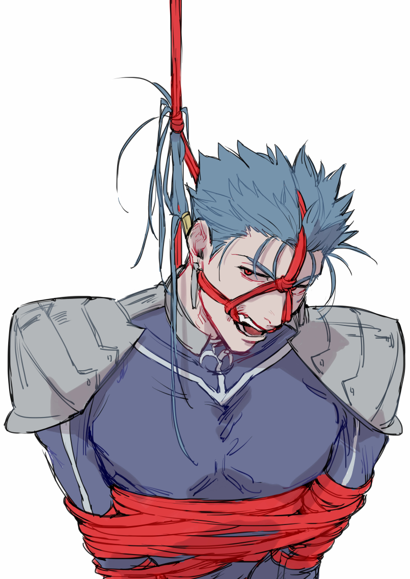 1boy, bdsm, blue_hair, bodysuit, bondage, bound, cu_chulainn_(fate), fate/zero, fate_(series), long_hair, male_focus, ponytail, red_eyes, rope, sennin_(inoinox), shibari, simple_background, solo, tagme, upper_body, white_background
