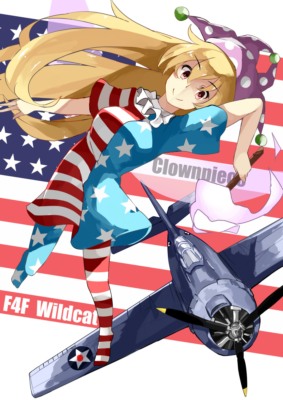 1girl, aircraft, airplane, american_flag_dress, american_flag_legwear, blonde_hair, clownpiece, deetamu
