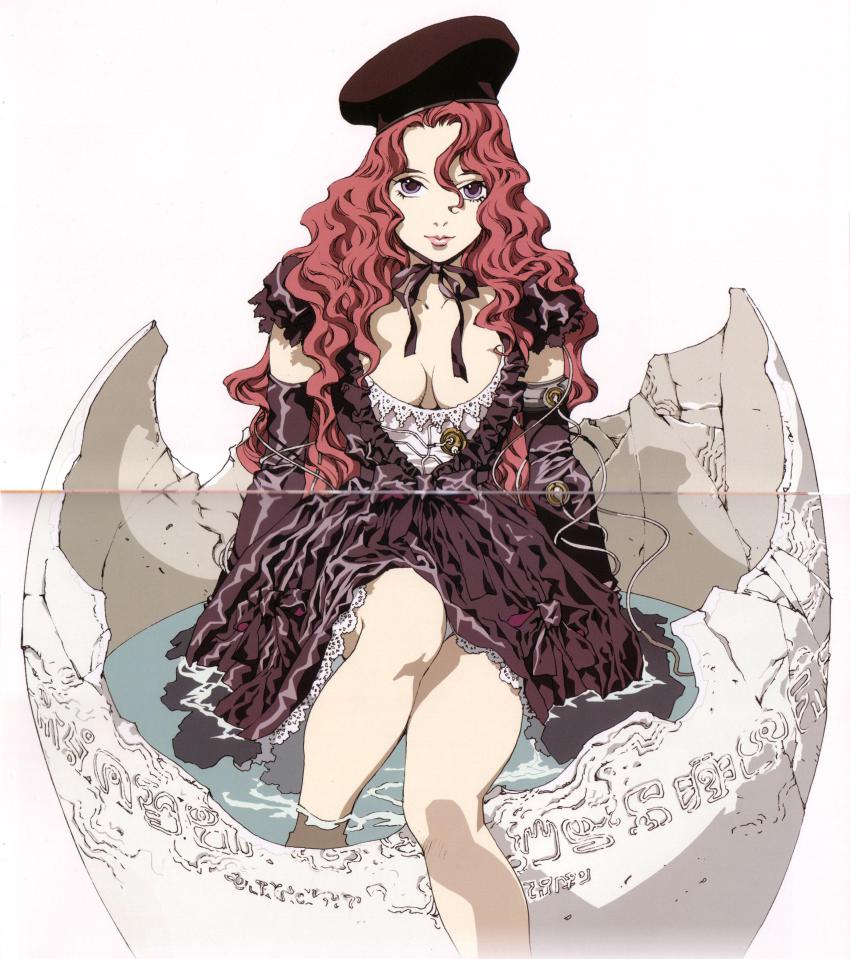 00s, 1girl, absurdres, breasts, choker, cleavage, dress, egg, elbow_gloves, female_focus, gloves, hat, highres, kisaragi_quon, large_breasts, legs, long_hair, panties, pink_hair, purple_eyes, rahxephon, sitting, solo, underwear, water