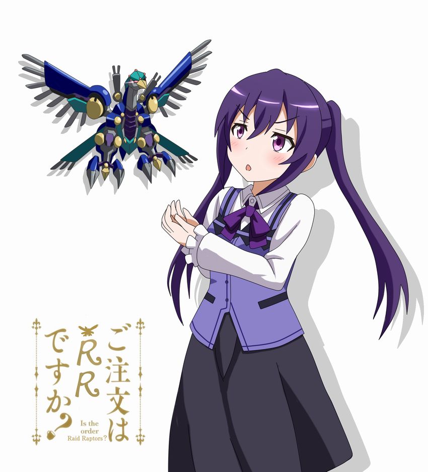 1girl, commentary_request, duel_monster, female_focus, gochuumon_wa_usagi_desu_ka?, parody, rabbit_house_uniform, raidraptor_-_rise_falcon, shippo_(shishizaru), solo, tedeza_rize, title_parody, yu-gi-oh!, yu-gi-oh!_arc-v