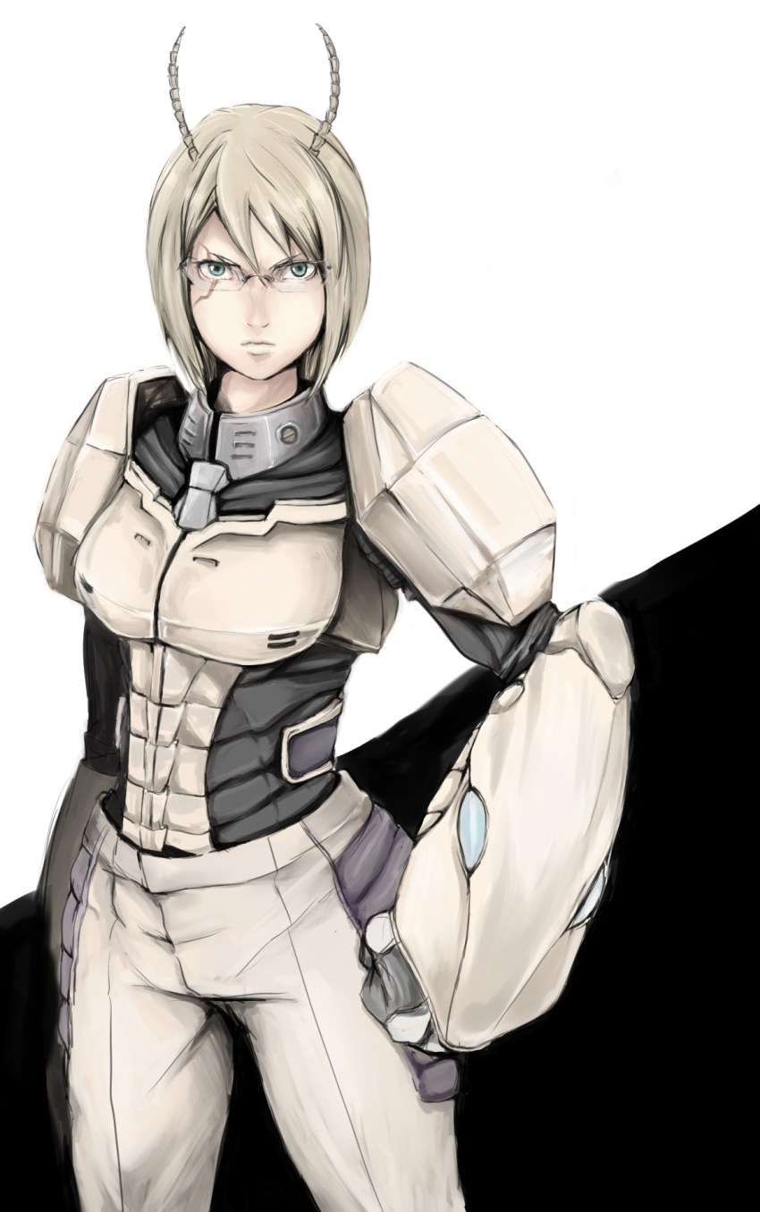 10s, 1girl, antennae, arm_guards, armor, blonde_hair, blue_eyes, breastplate