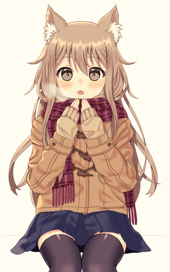 1girl, :o, animal_ears, black_skirt, black_thighhighs, breath, brown_eyes, brown_hair