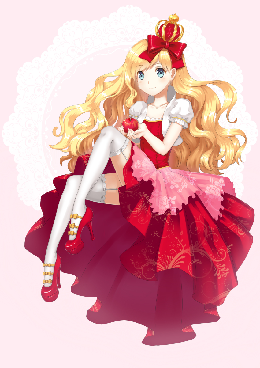 1girl, absurdres, apple, apple_white, blonde_hair, blue_eyes, crown, dress, ever_after_high, female_focus, food, fruit, garter_straps, high_heels, highres, solo, thighhighs