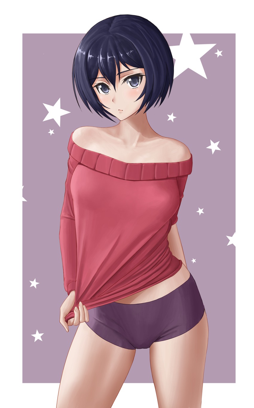 10s, 1girl, bare_shoulders, black_eyes, black_hair, boyshort_panties, clothes_pull, cowboy_shot