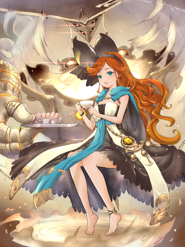 10s, 1girl, :d, anklet, bare_legs, barefoot, blue_eyes, cape