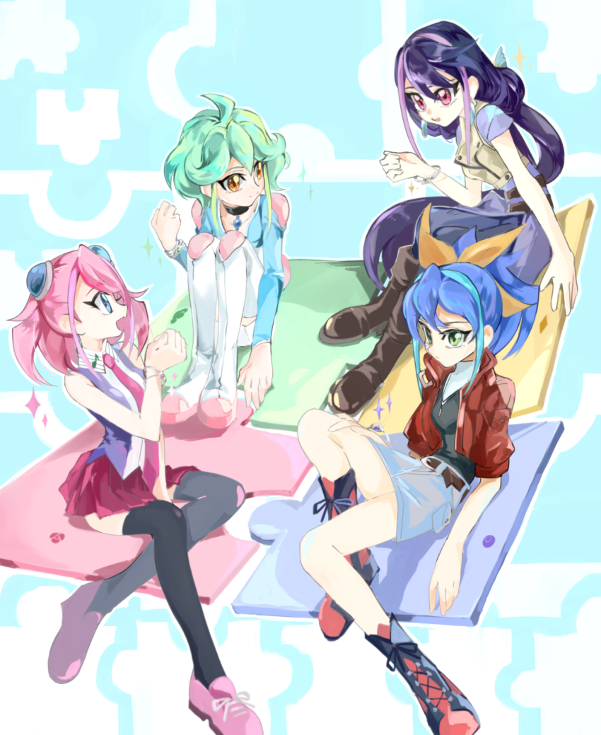 4girls, ahoge, blue_eyes, blue_hair, boots, bow, bracelet, bracelet_girls