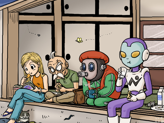 1girl, 2boys, alien, bag, barefoot, blonde_hair, bracelet, bug