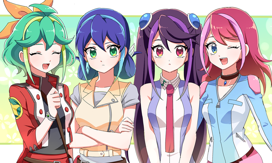 4girls, ;d, alternate_hairstyle, blue_eyes, blue_hair, bow, bracelet, bracelet_girls, choker, closed_eyes, cosplay, costume_switch, crossed_arms, green_eyes, green_hair, hair_bow, hair_down, hairstyle_switch, hiiragi_yuzu, hiiragi_yuzu_(cosplay), jewelry, joman, kurosaki_ruri, kurosaki_ruri_(cosplay), long_hair, multicolored_hair, multiple_girls, necktie, one_eye_closed, open_mouth, pink_eyes, pink_hair, purple_hair, rin_(yu-gi-oh!), rin_(yu-gi-oh!)_(cosplay), school_uniform, serena_(yu-gi-oh!), serena_(yu-gi-oh!)_(cosplay), sleeveless, smile, square-end_necktie, twintails, two-tone_hair, yu-gi-oh!, yu-gi-oh!_arc-v