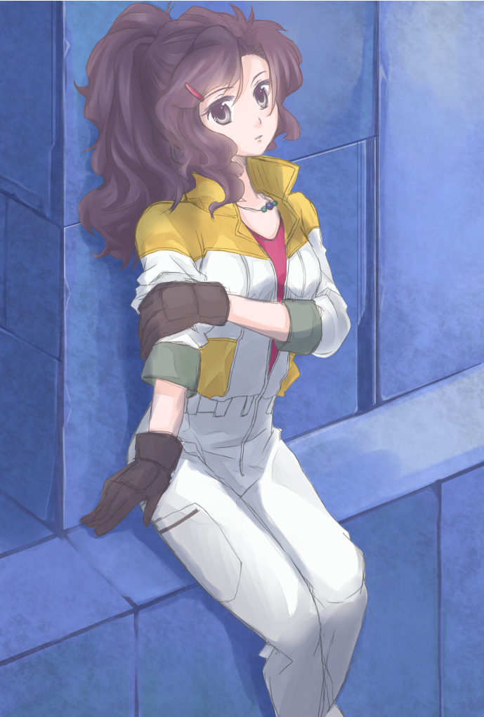 1girl, brown_hair, gloves, gundam, gundam_unicorn, jumpsuit, micott_bartsch, wavy_hair