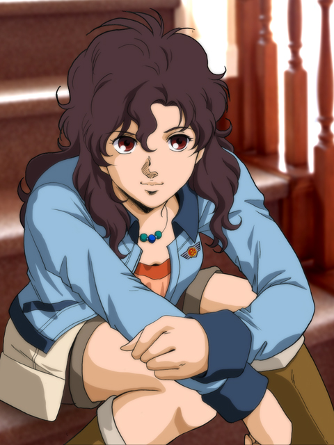 1girl, brown_eyes, brown_hair, curly_hair, female_focus, gundam, gundam_unicorn, jacket, jewelry, long_hair, looking_at_viewer, micott_bartsch, necklace, photo_background, shorts, sitting, solo, stairs, tachibana_kazuto, wavy_hair