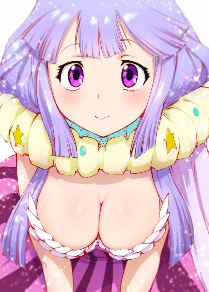 10s, 1girl, blush, body_blush, breasts, cleavage, concrete_revolutio, downblouse, dress, female_focus, hoshino_kikko, large_breasts, lips, long_hair, purple_eyes, purple_hair, shiny_skin, sidelocks, smile, solo, sparkle, star_(symbol), striped_clothes, striped_dress, ueyama_michirou, vertical-striped_clothes, vertical-striped_dress