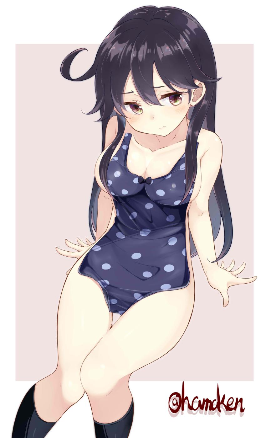 10s, 1girl, absurdres, averting_eyes, black_hair, black_socks, blush, breasts