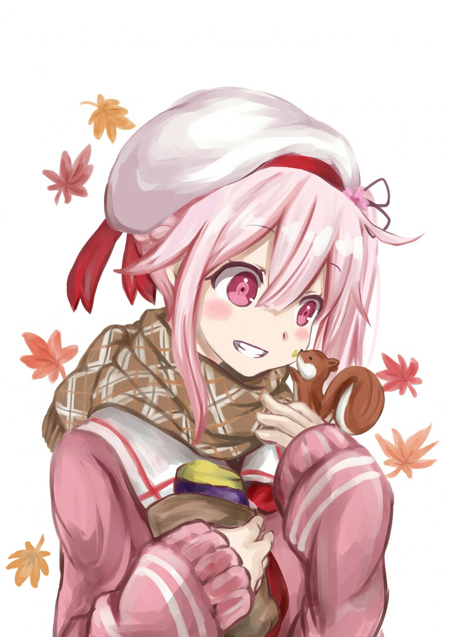 10s, 1girl, autumn_leaves, beret, blush, brown_scarf, cardigan, female_focus