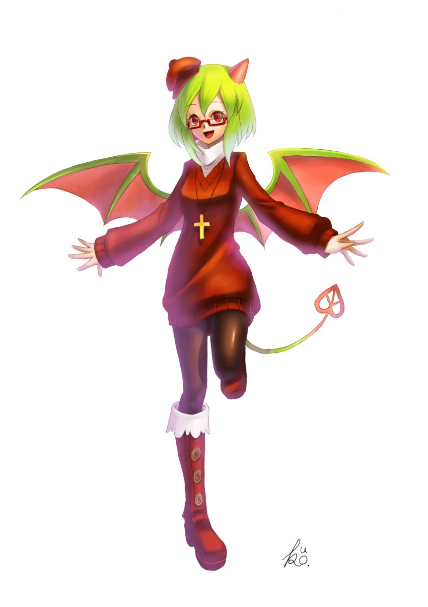 1girl, absurdres, bad_id, bad_pixiv_id, boots, cross, cross_necklace, demon_girl