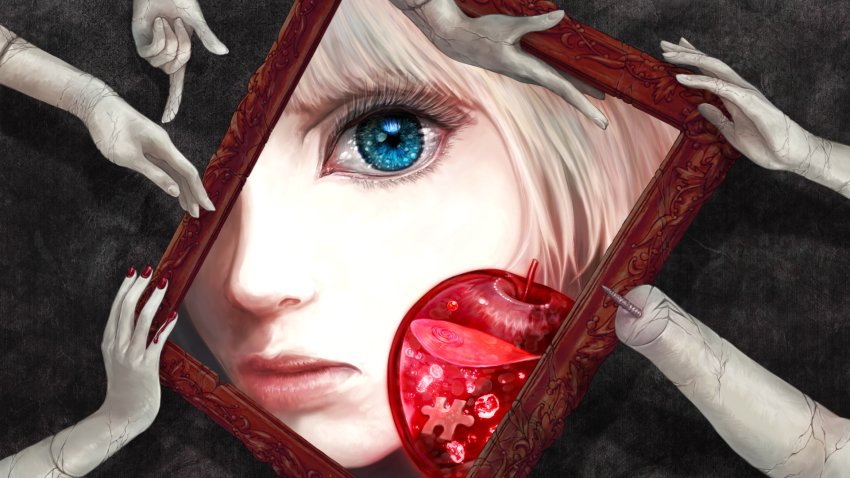 1girl, afrostar, air_bubble, apple, blue_eyes, broken, bubble, close-up