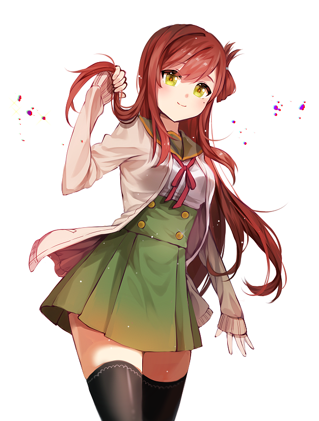 10s, 1girl, adjusting_hair, berii_(cad_berry), black_thighhighs, buttons, cadberry, cardigan, cowboy_shot, female_focus, gakkou_gurashi!, green_eyes, long_hair, mole, mole_under_eye, one_side_up, open_cardigan, open_clothes, red_hair, school_uniform, simple_background, smile, solo, thighhighs, wakasa_yuuri, white_background, zettai_ryouiki