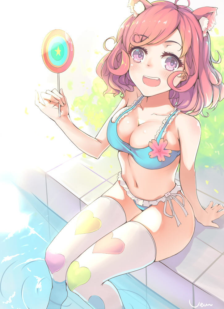 10s, 1girl, :d, ahoge, animal_ears, arm_support, bikini, blush, breasts, candy, cat_ears, cleavage, female_focus, food, frills, gujianshaonu, heart, heart_print, kemonomimi_mode, kofuku, lollipop, looking_at_viewer, navel, no_shoes, noragami, open_mouth, pink_hair, pinky_out, purple_eyes, saliva, short_hair, signature, sitting, smile, soaking_feet, solo, swimsuit, thighhighs, white_thighhighs