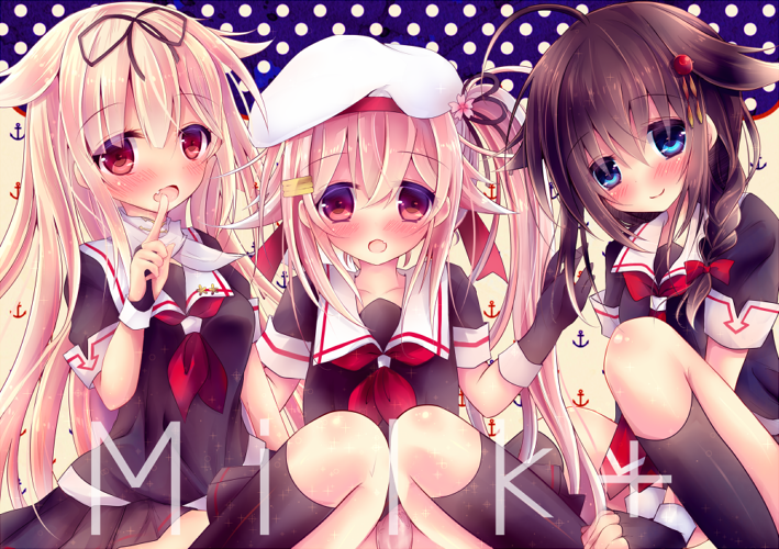 10s, 3girls, blonde_hair, blue_eyes, blush, braid, brown_hair, hair_ornament