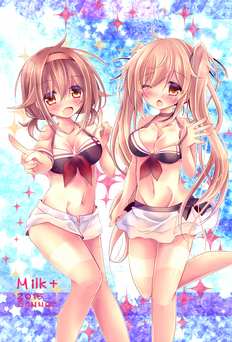 10s, 2girls, adapted_costume, bare_legs, bare_shoulders, blonde_hair, breasts, brown_eyes