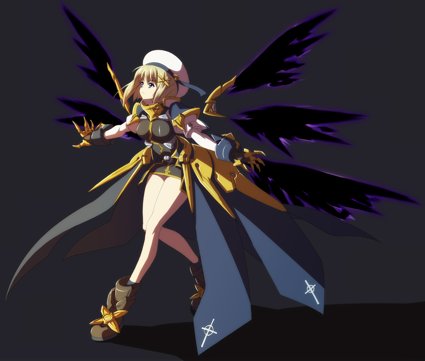 00s, 1girl, blonde_hair, blue_eyes, female_focus, gauntlets, hair_ornament, hat, lyrical_nanoha, mahou_shoujo_lyrical_nanoha, mahou_shoujo_lyrical_nanoha_strikers, miniskirt, nekomamire, short_hair, skirt, solo, unison_(nanoha), wings, x_hair_ornament, yagami_hayate