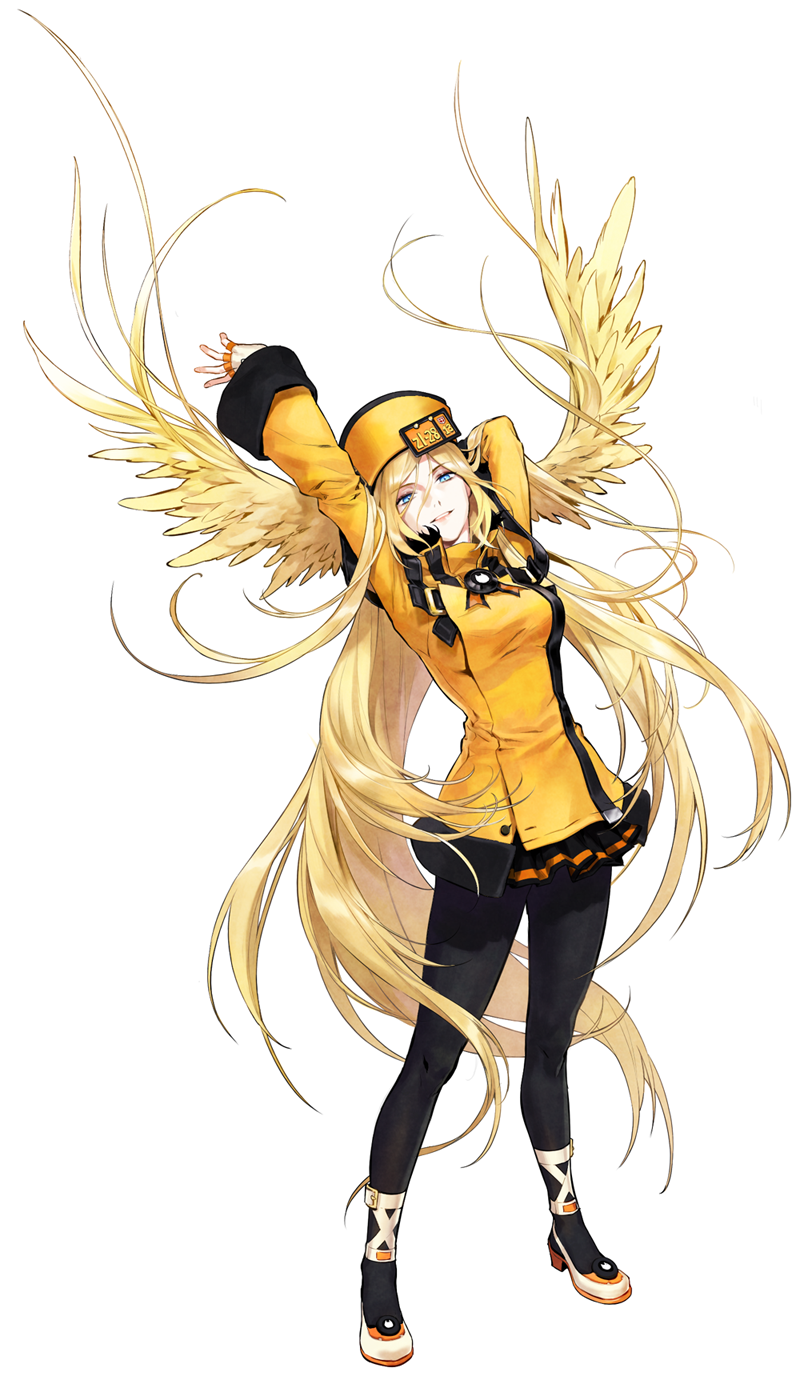 1girl, blonde_hair, blue_eyes, female_focus, fingerless_gloves, full_body, gloves, guilty_gear, guilty_gear_xrd, hat, highres, long_hair, millia_rage, orange_hat, pantyhose, shio_(artist), smile, solo, very_long_hair, wings