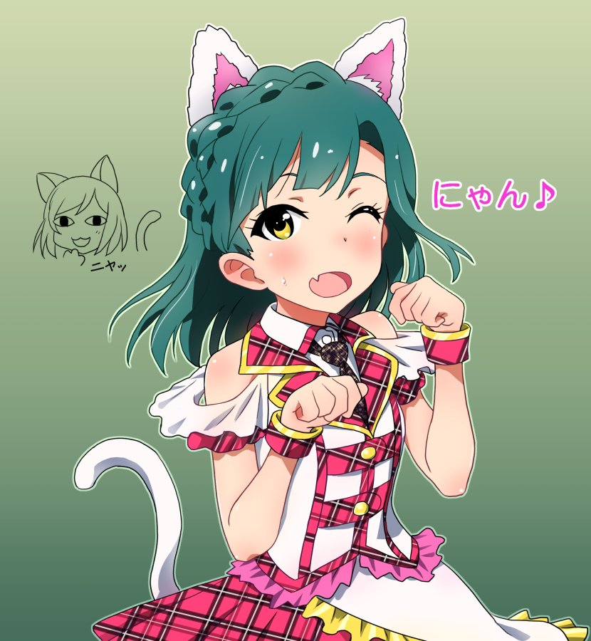 10s, 2girls, ;d, animal_ears, blue_hair, cat_ears, cat_tail, dreaming_stars_(idolmaster)