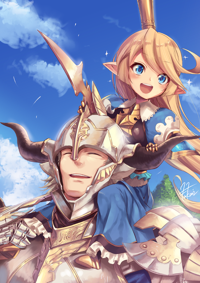 10s, 1boy, 1girl, armor, bad_id, bad_pixiv_id, baotorda, blonde_hair, blue_eyes, blush, carrying, charlotta_(granblue_fantasy), fukai_ryosuke, granblue_fantasy, happy, harvin, long_hair, open_mouth, pointy_ears, shoulder_carry, smile