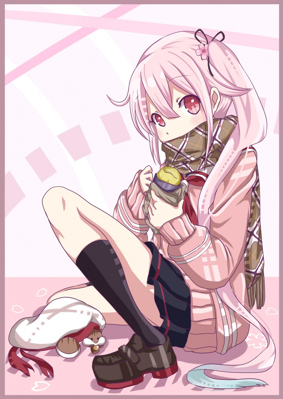 10s, 1girl, beret, black_skirt, black_socks, brown_scarf, cardigan, flower