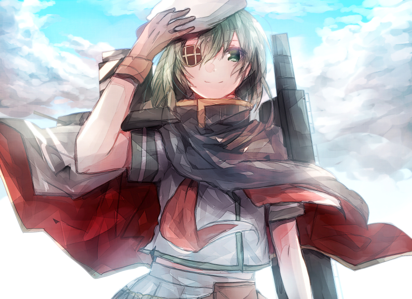 10s, 1girl, cape, cloud, eyepatch, female_focus, hat, holding