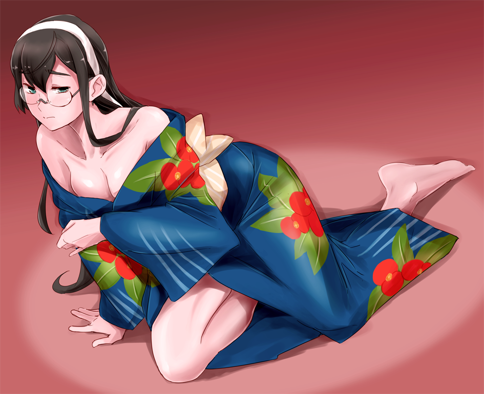 10s, 1girl, arm_support, bad_id, bad_pixiv_id, barefoot, black_hair, breasts, cleavage, female_focus, full_body, glasses, green_eyes, japanese_clothes, kantai_collection, kimono, long_hair, medium_breasts, obi, ojipon, ooyodo_(kancolle), ooyodo_(yukata)_(kancolle), sash, semi-rimless_eyewear, simple_background, sitting, solo, under-rim_eyewear, wardrobe_malfunction, yukata