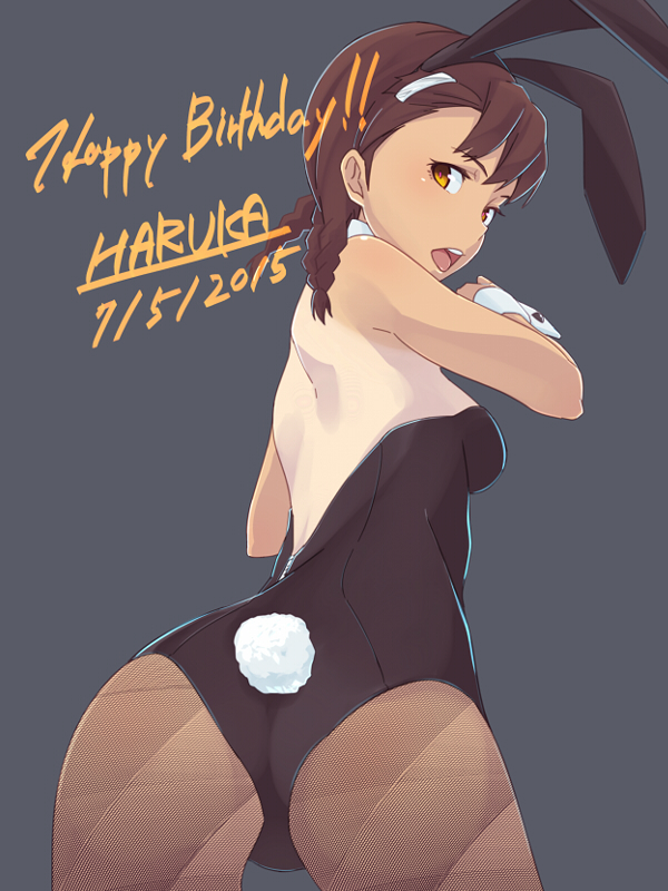1girl, animal_ears, ass, bare_back, black_pantyhose, braid, brown_eyes, brown_hair, detached_collar, fake_animal_ears, female_focus, hair_ornament, hairclip, happy_birthday, kurimoto_haruka, looking_back, multiple_braids, onaka_itai, open_mouth, pantyhose, playboy_bunny, rabbit_ears, rabbit_tail, school_girl_strikers, solo, tail, tan, twin_braids, wrist_cuffs