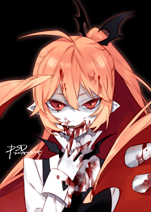 1girl, artist_name, black_background, black_dress, blood, blood_on_clothes, blood_on_face, demon_girl, demon_wings, dress, female_focus, finger_to_mouth, funamusea, haiiro_teien, licking_lips, long_hair, looking_at_viewer, monster_girl, pink_hair, ponytail, psd, puffy_sleeves, rawberry, slit_pupils, solo, tongue, tongue_out, wings